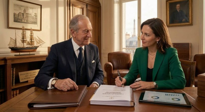 Signature d'un contrat de gestion de patrimoine avec la FINANCIÈRE ST GABRIEL F.D face à la Tour Eiffel