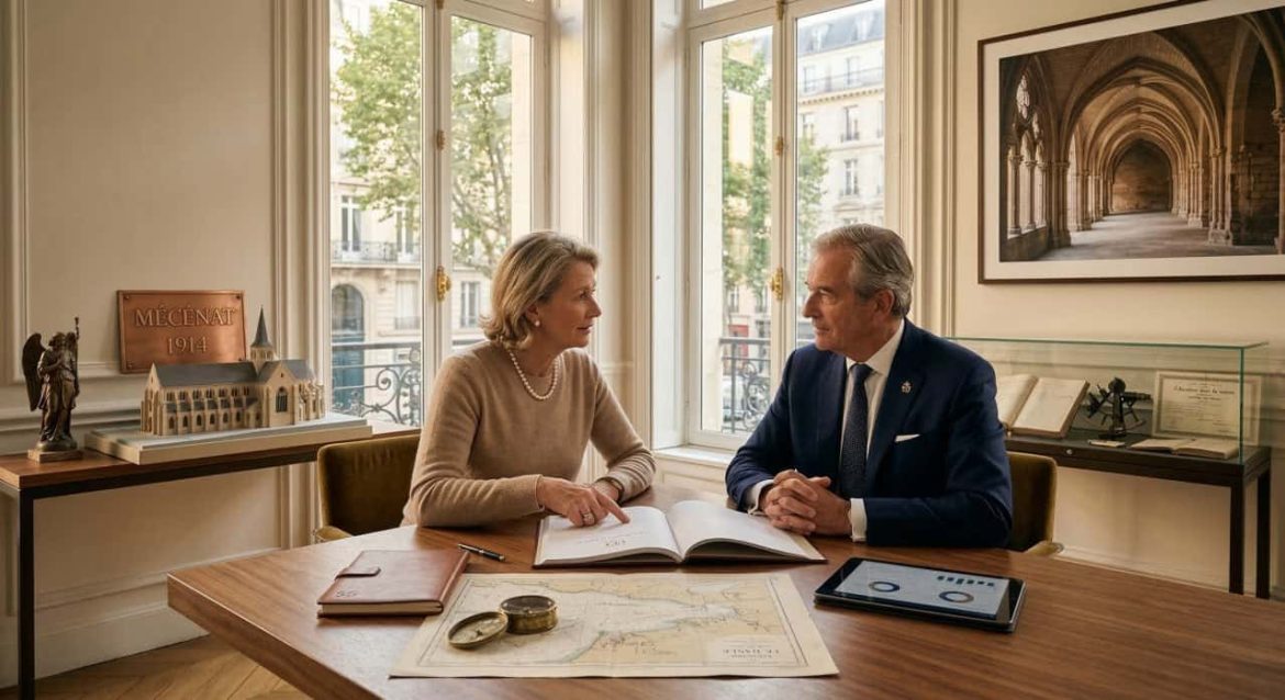 Conseillers de la FINANCIÈRE ST GABRIEL F.D discutant d'une stratégie patrimoniale dans un bureau de prestige à Paris