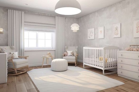 Un berceau moderne et des fauteuils confortables pour aménager une chambre d'enfant scandinave.